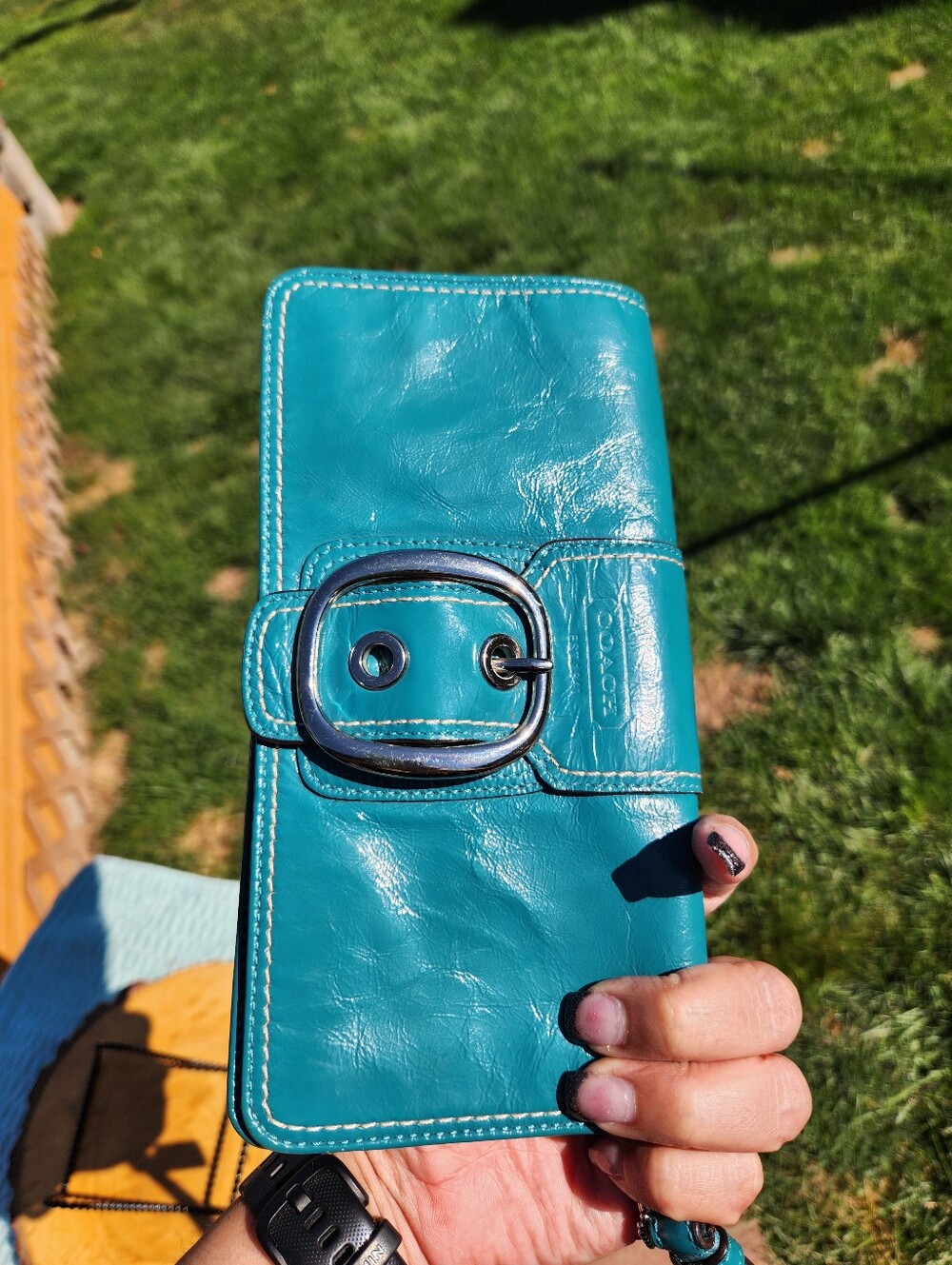 Coach Bleecker Teal Leather Clutch with Buckle Detail - Picture 13 of 14